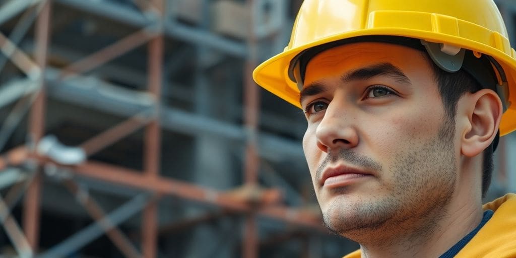Worker wearing a yellow hard hat on a construction site