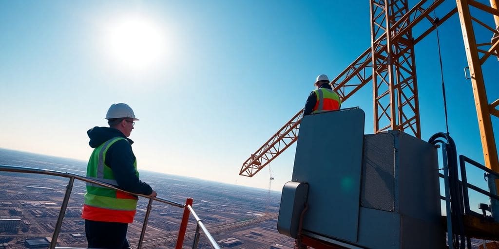 Tower crane operator working high above city