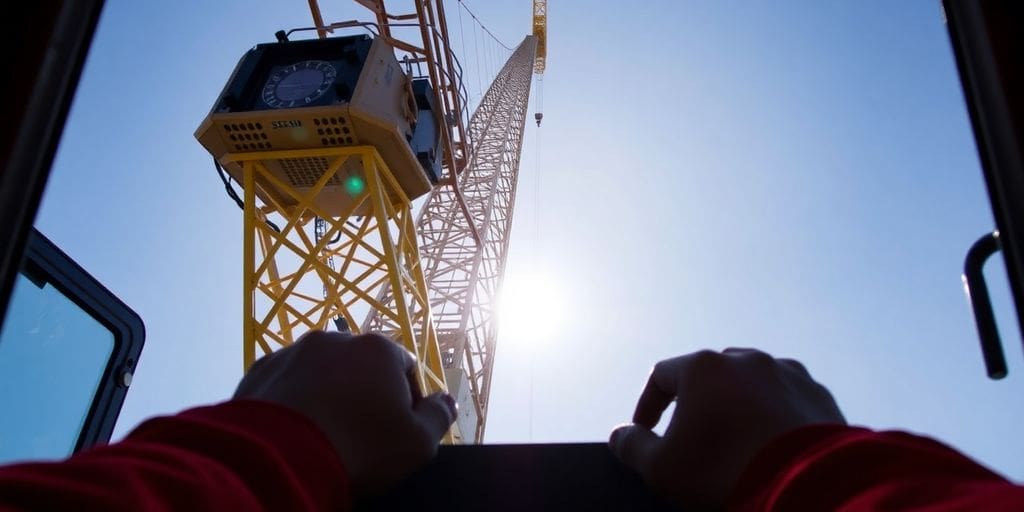 Crane operator in cab with view of boom