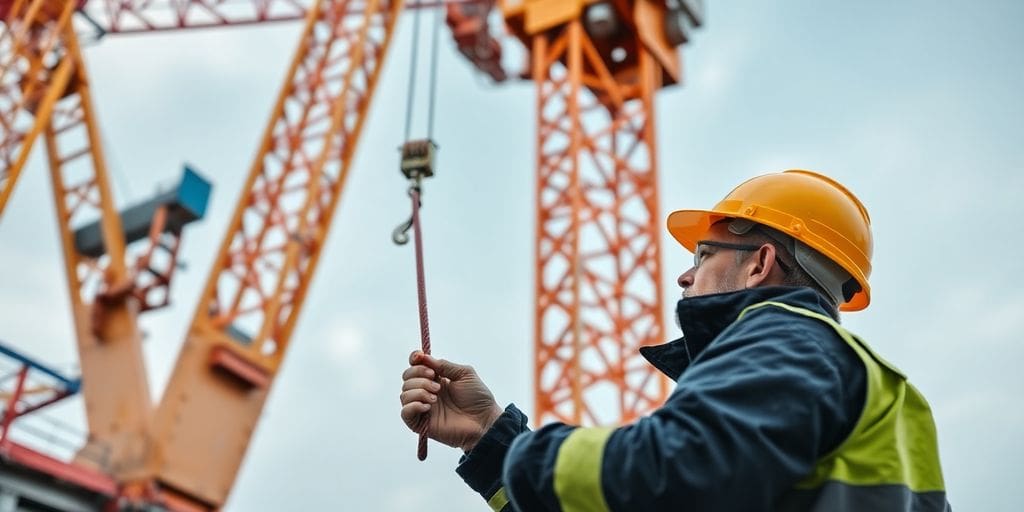 Crane operator inspects rigging before lift