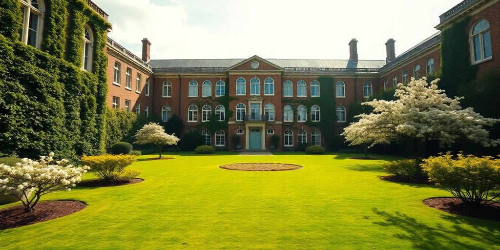 Crane school building with blooming trees.
