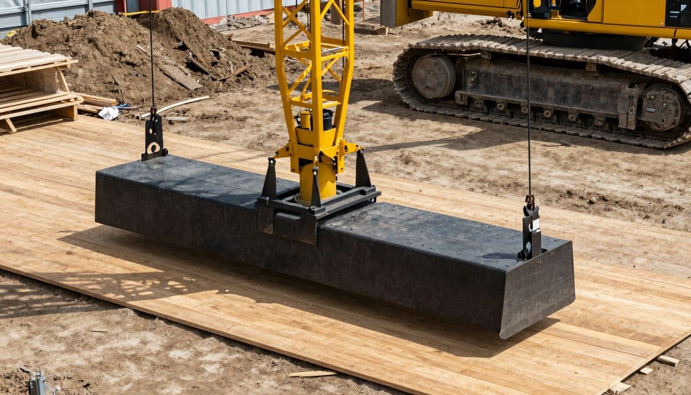 Crane on mats distributing weight on construction site soil