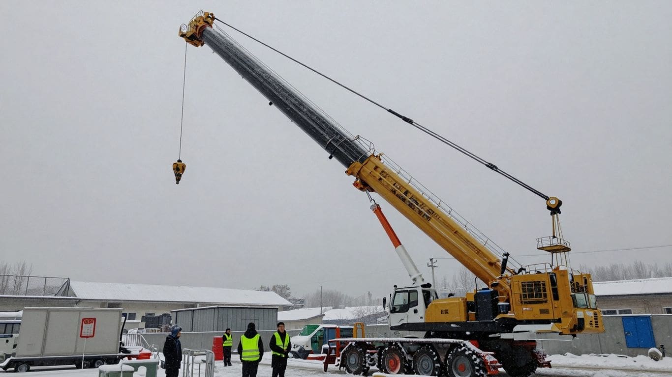 Crane operating in snowy winter conditions