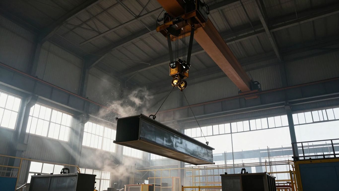 Overhead crane lifting steel beam in industrial setting.